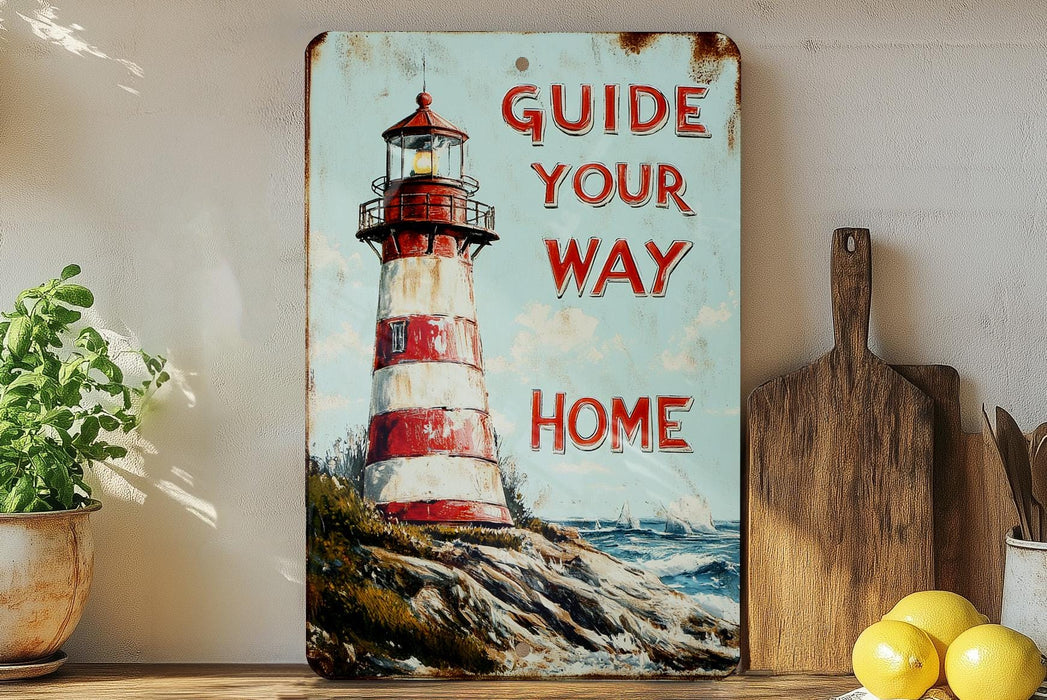 a painting of a lighthouse on a shelf