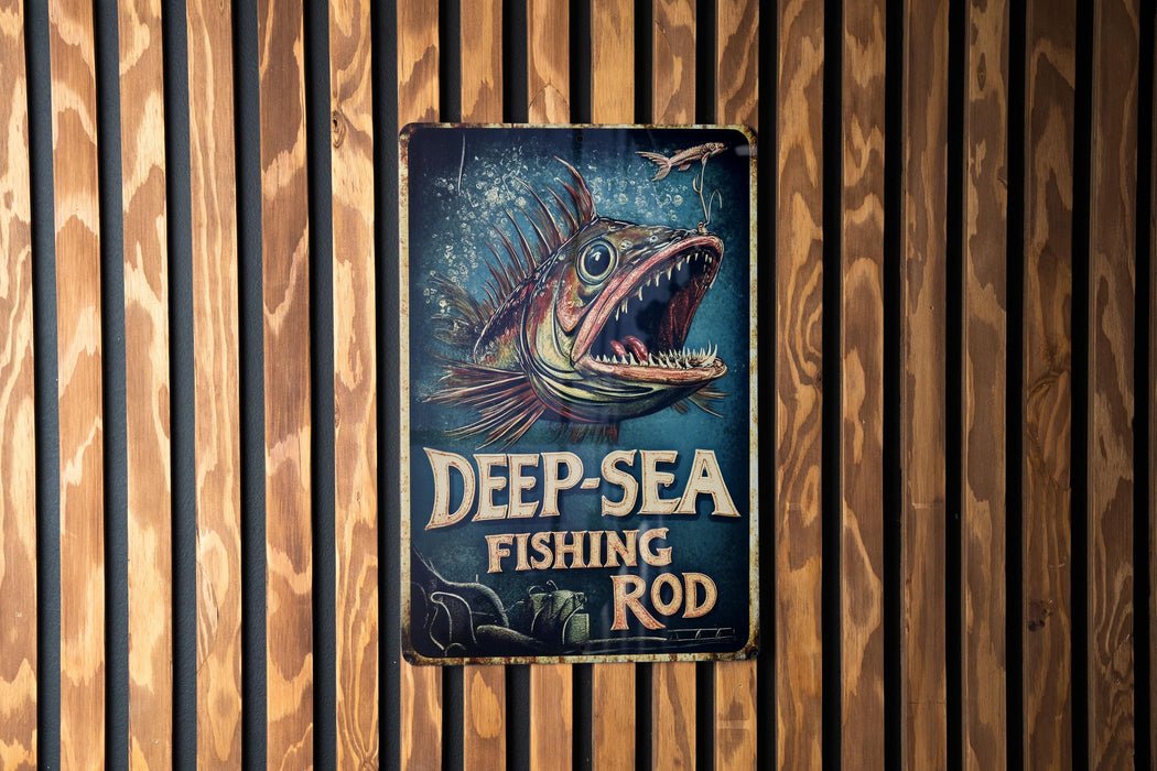 a deep sea fishing rod sign on a wooden wall