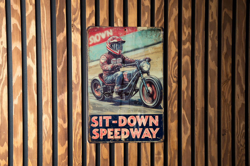 a painting of a man riding a motorcycle on a wooden wall