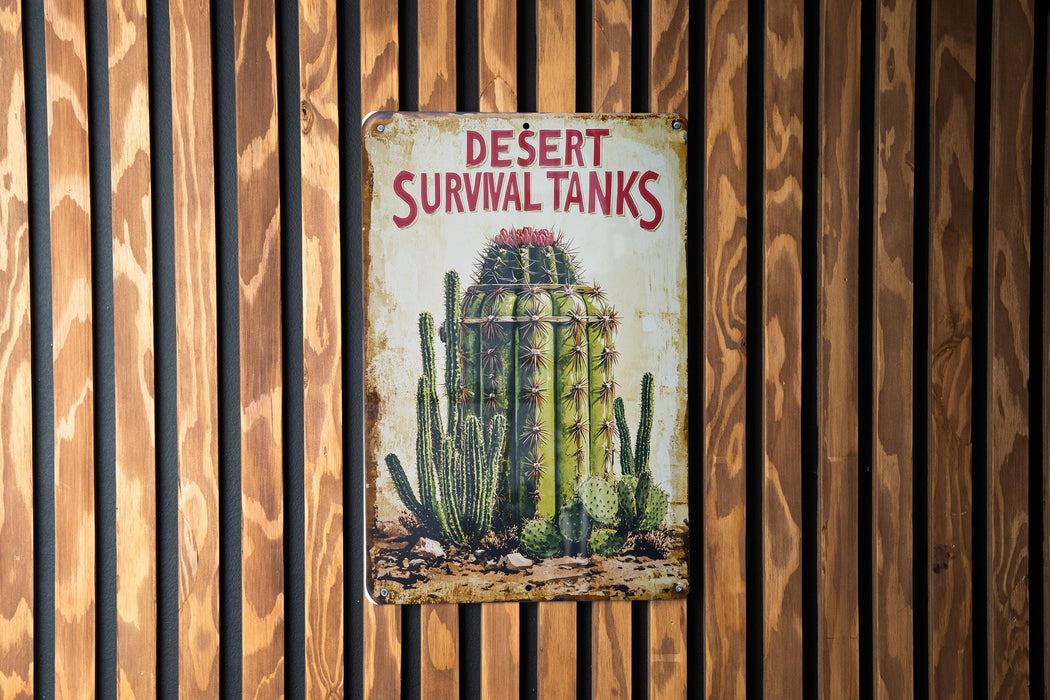 a sign on a wooden wall that says desert survival tanks