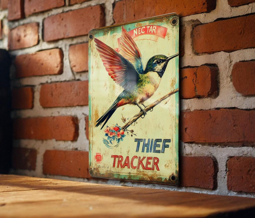 a metal sign on a brick wall with a hummingbird on it