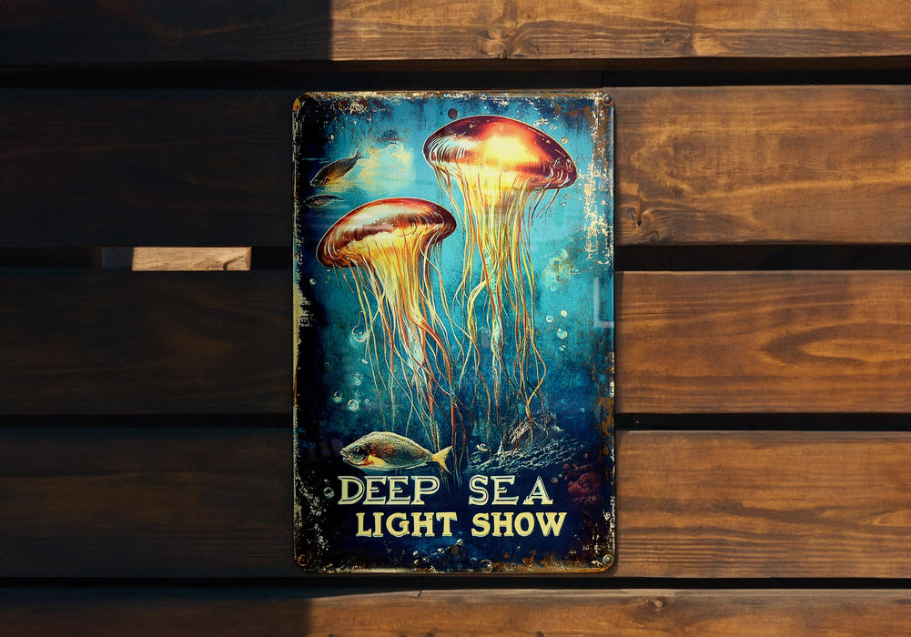 a sign on a wooden wall that says deep sea light show
