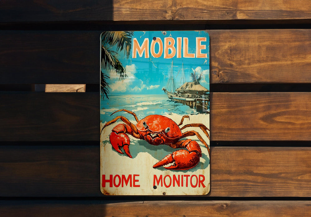 a picture of a crab on a sign on a bench