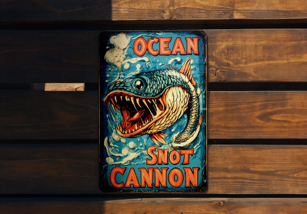 a sign on a wooden wall that says ocean not cannon