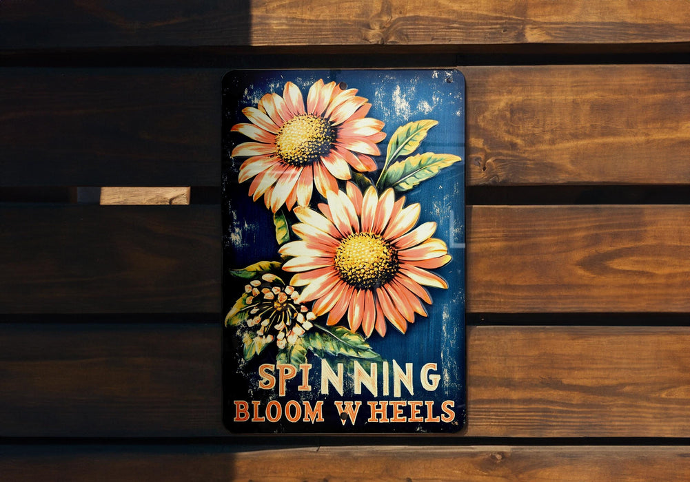 a sign on a wooden bench that says spinning bloom wheels