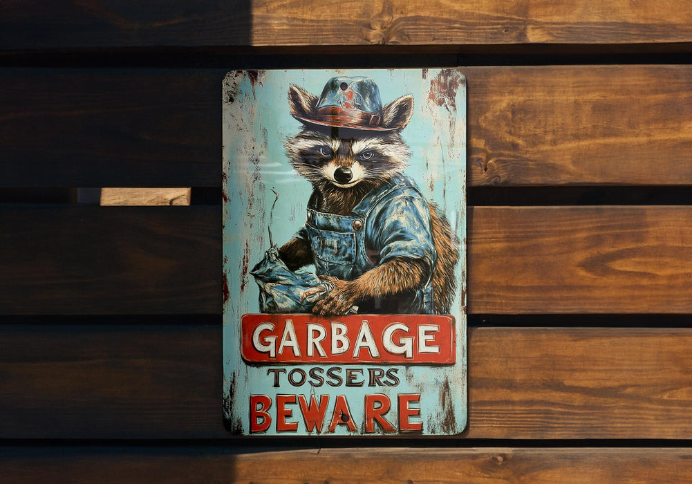 a metal sign with a raccoon wearing a cowboy hat
