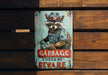 a metal sign with a raccoon wearing a cowboy hat