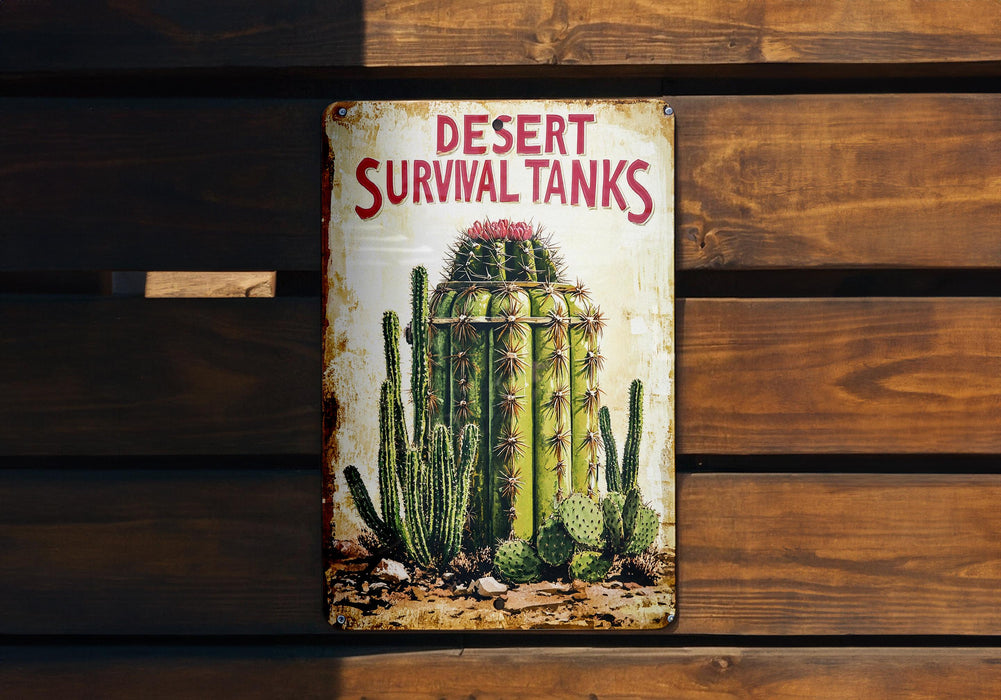 a sign on a wooden wall that says desert survival tanks