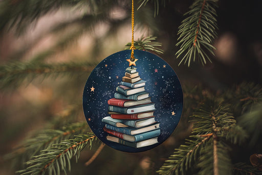 a christmas ornament hanging from a tree filled with books