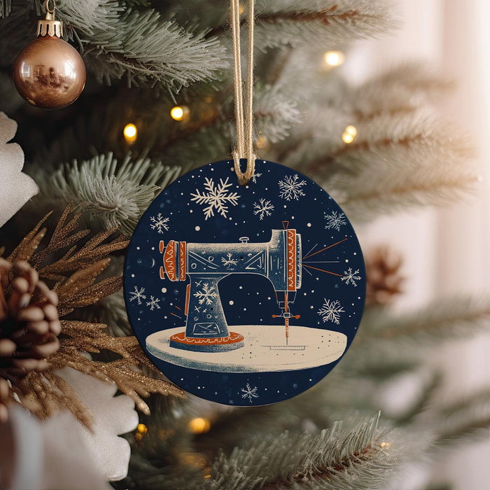 a christmas ornament with a sewing machine on it
