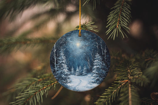 a blue ornament hanging from a christmas tree
