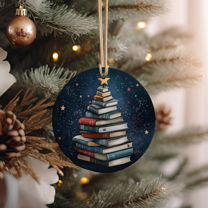 a christmas tree ornament decorated with books