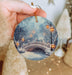 a person holding a christmas ornament with a snowy scene on it
