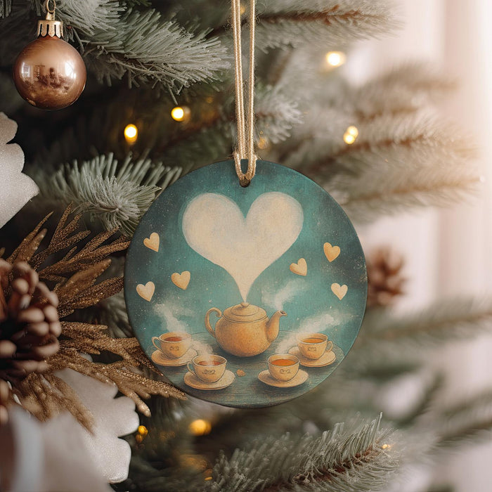 a ceramic ornament hanging from a christmas tree