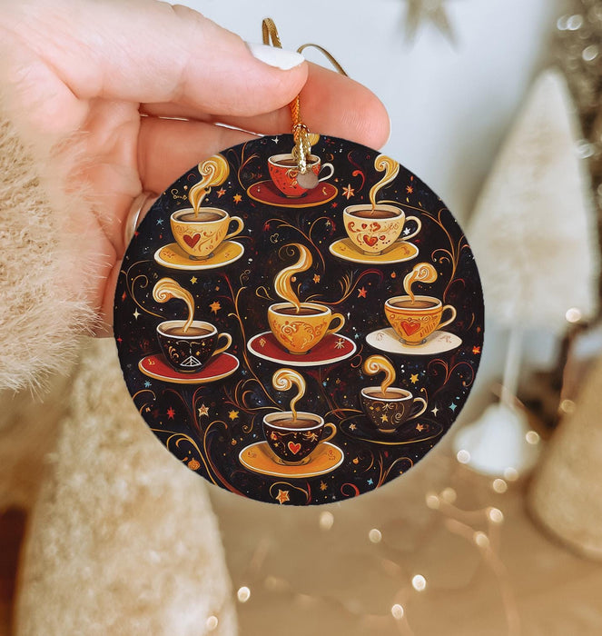 a person holding a christmas ornament with coffee cups on it