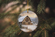 a christmas ornament hanging from a tree