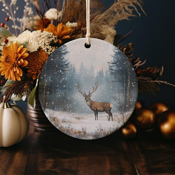 a christmas ornament with a deer in a snowy forest