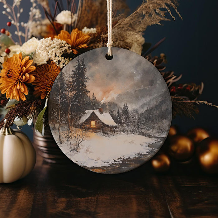 a christmas ornament with a picture of a cabin in the snow