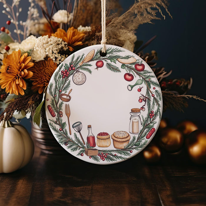 a christmas ornament hanging from a table