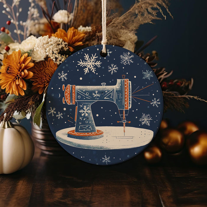 a christmas ornament with a sewing machine on it