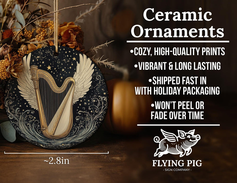 a ceramic ornament with a harp on it