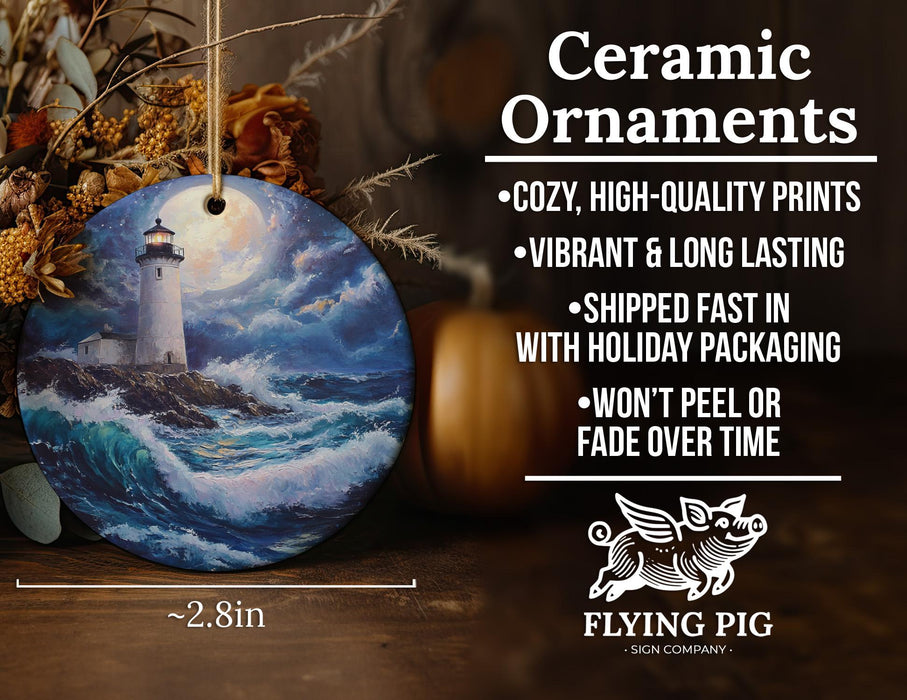 a ceramic ornament with a lighthouse on it