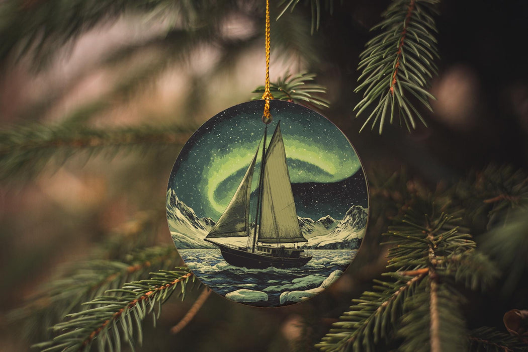 a christmas ornament with a sailboat in the ocean
