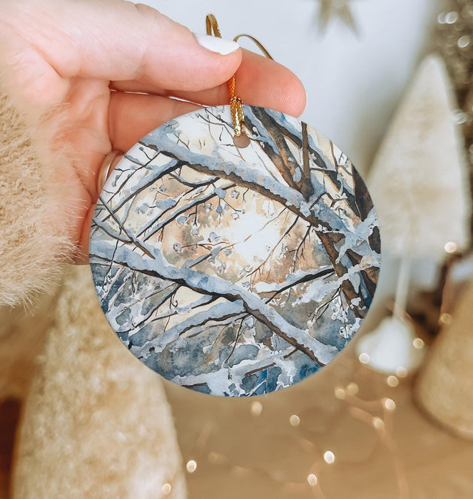 a person holding a christmas ornament in their hand