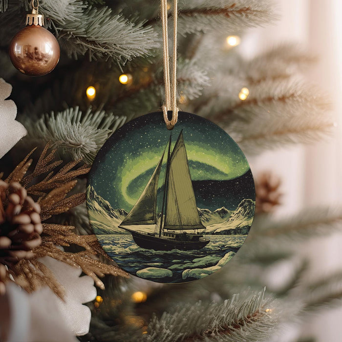 a christmas ornament hanging from a christmas tree