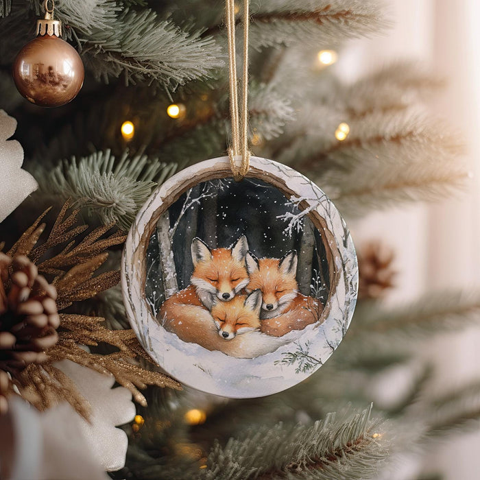 a christmas ornament with a picture of two foxes on it