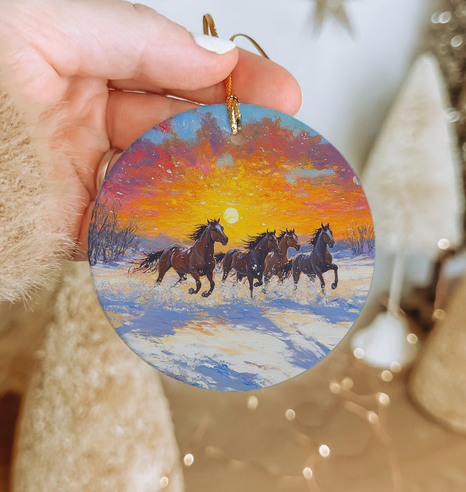 a hand holding a christmas ornament with horses running in the snow