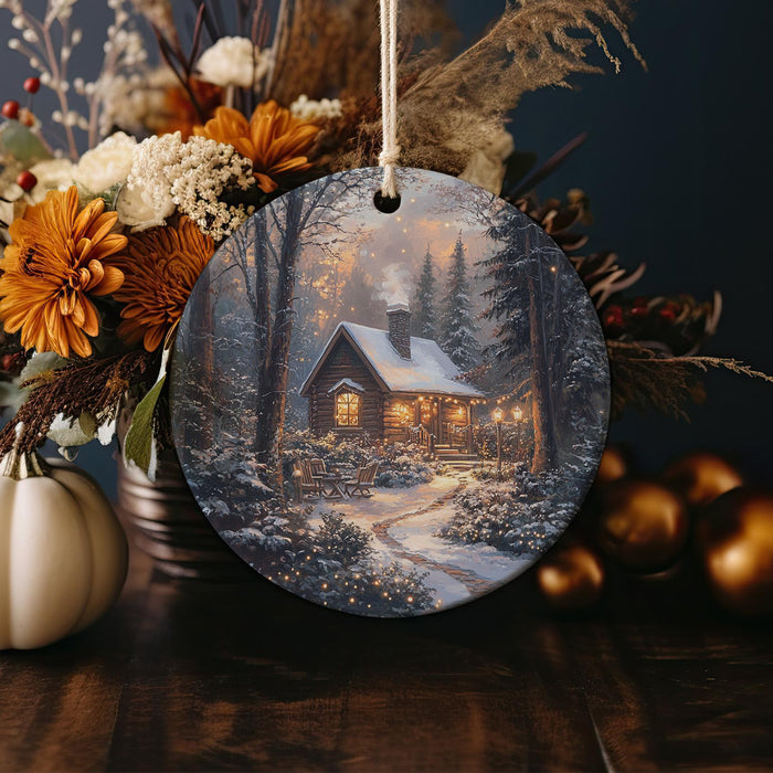 a christmas ornament with a picture of a cabin in the woods