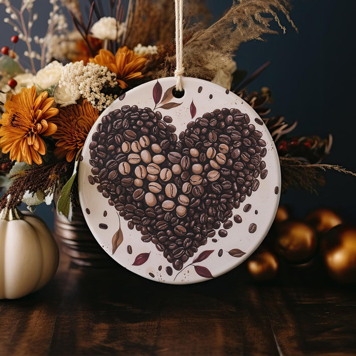 a heart shaped plate with coffee beans on it