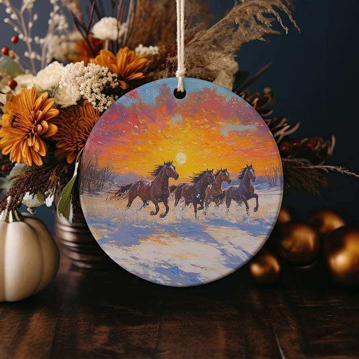 a painting of horses running in the snow