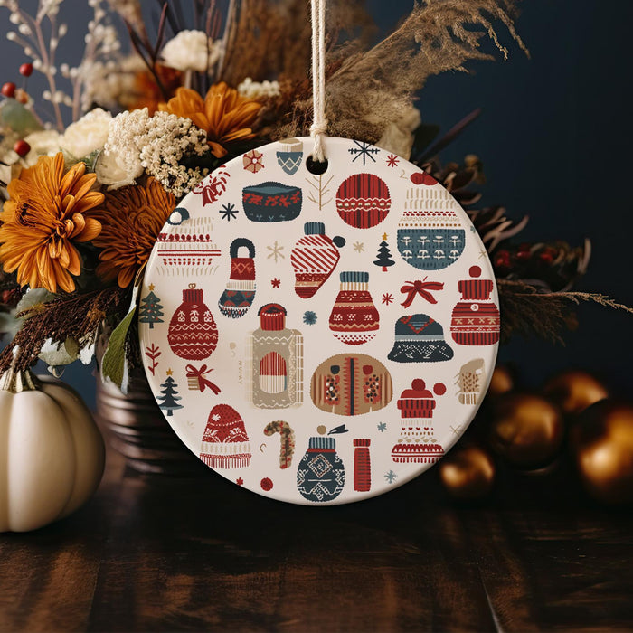 a christmas ornament hanging from a wooden table