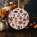 a christmas ornament hanging from a wooden table