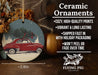a ceramic ornament with a red car carrying a christmas tree