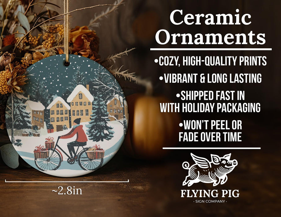 a ceramic ornament with a picture of a woman riding a bike