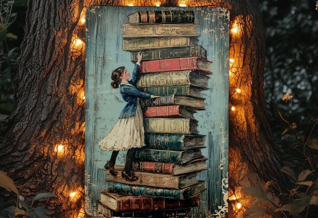 a painting of a girl leaning on a stack of books