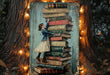 a painting of a girl leaning on a stack of books