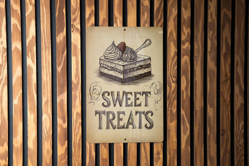a sign on a wooden wall that says sweet treats