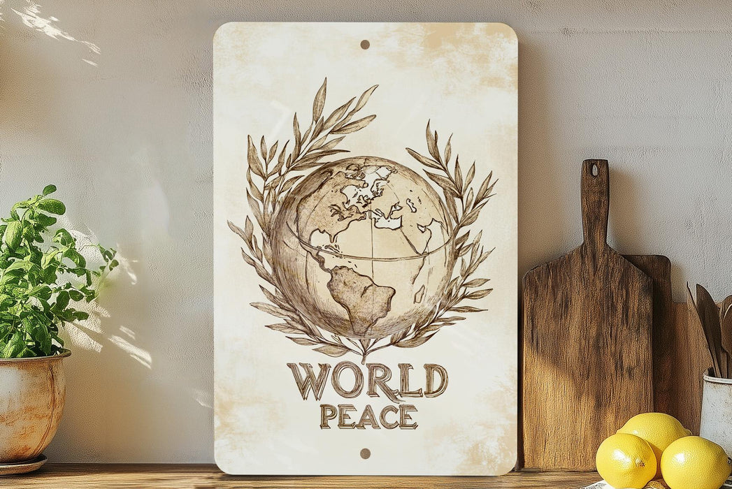 a picture of a world peace sign on a shelf