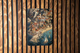 a wooden wall with a picture of a city on it
