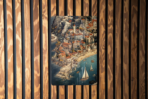 a wooden wall with a picture of a city on it