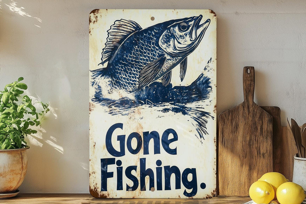 a gone fishing sign on a shelf next to lemons