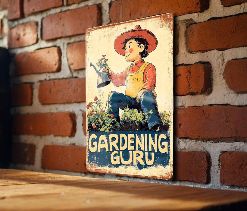 a sign on a brick wall that says gardening guruu