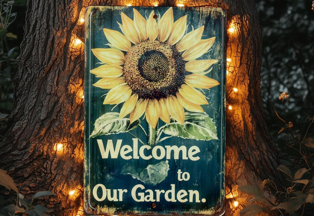 a welcome sign with a sunflower on it