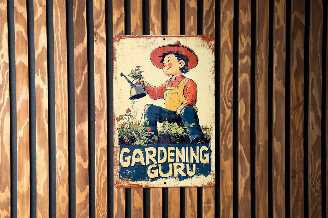 a sign on the side of a building that says gardening guru