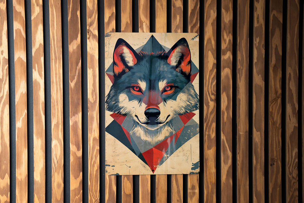 a painting of a wolf on a wooden wall