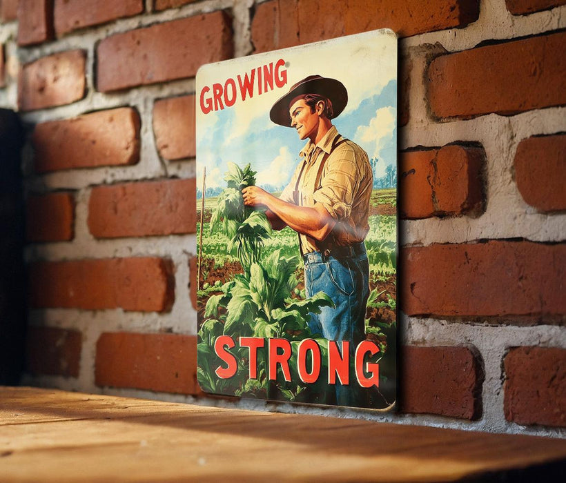 a picture of a man holding a plant on a brick wall